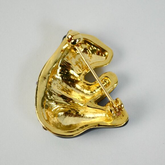 Vintage Black Enameled Gold Toned CZ Stone Brooch - Picture 2 of 2